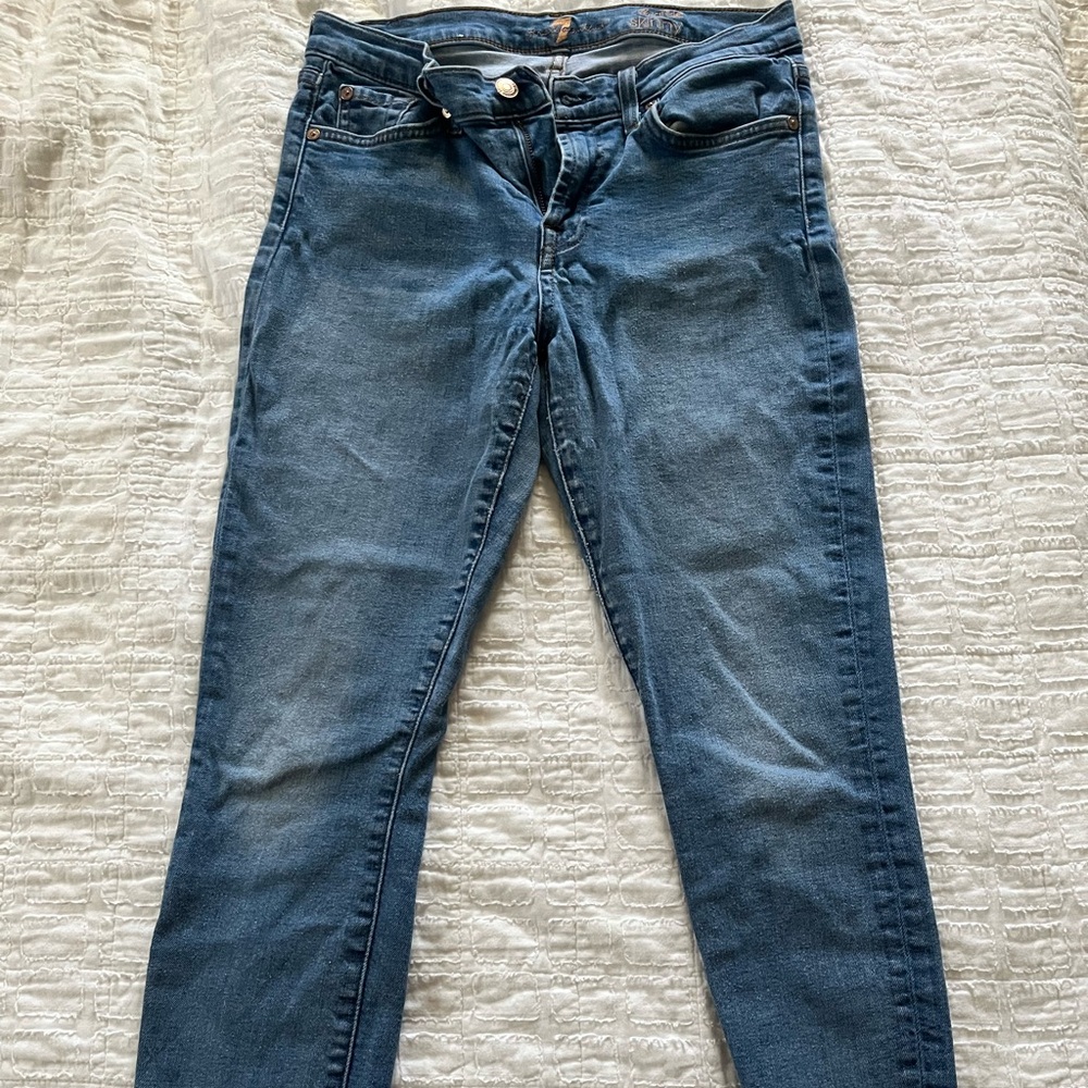7 For All Mankind skinny jeans, fringe and distressing at ankles